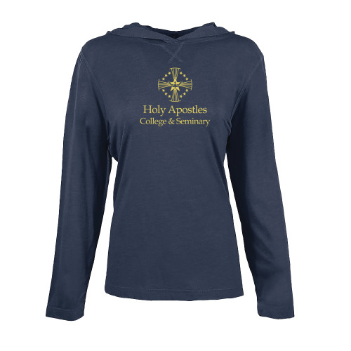  Womens Navy Heather Long Sleeve Hooded Tee - Core Logo Stacked
