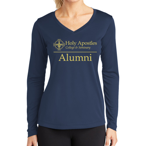  Womens Navy Performance Long Sleeve V Neck Shirt - Alumni Horizontal