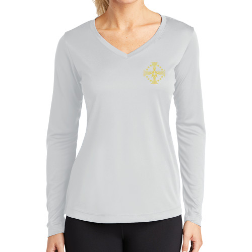  Womens White Performance Long Sleeve V Neck Shirt - Core Logo