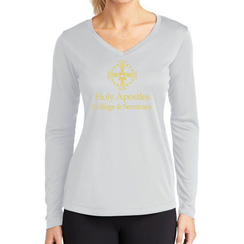  Womens White Performance Long Sleeve V Neck Shirt - Core Logo Stacked