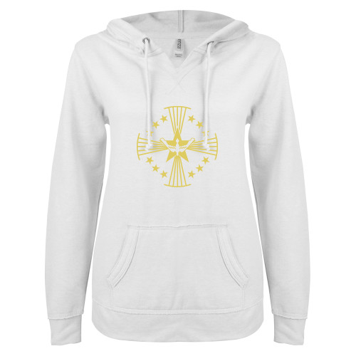  ENZA Womens White V Notch Raw Edge Fleece Hoodie - Core Logo