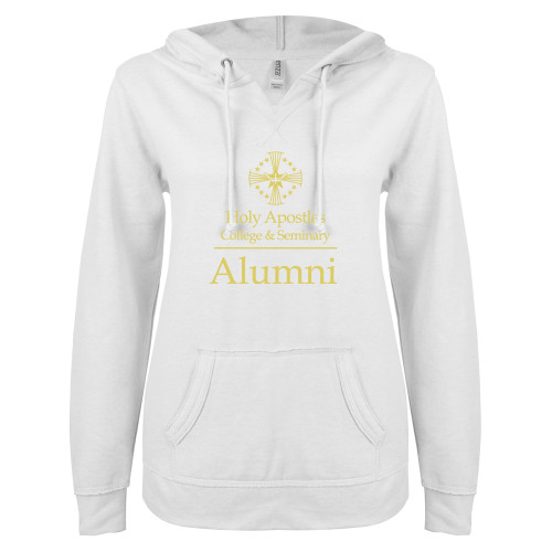  ENZA Womens White V Notch Raw Edge Fleece Hoodie - Alumni Stacked