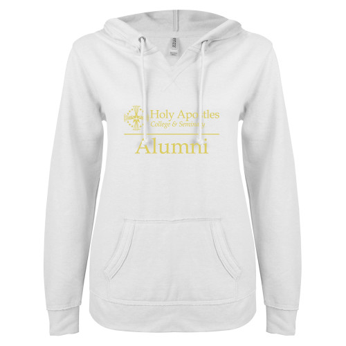  ENZA Womens White V Notch Raw Edge Fleece Hoodie - Alumni Horizontal