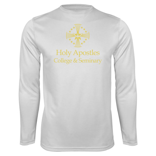  White Performance Long Sleeve Shirt - Core Logo Stacked