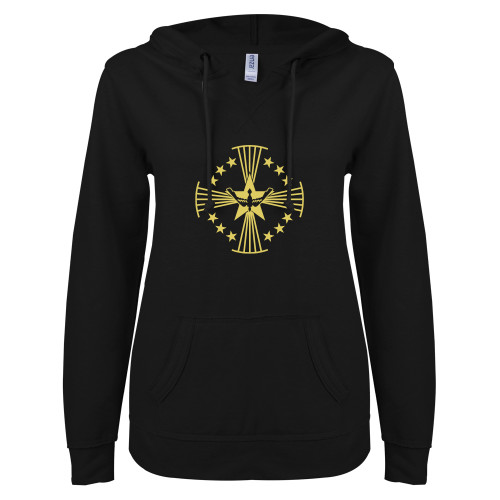  ENZA Womens Black V Notch Raw Edge Fleece Hoodie - Core Logo