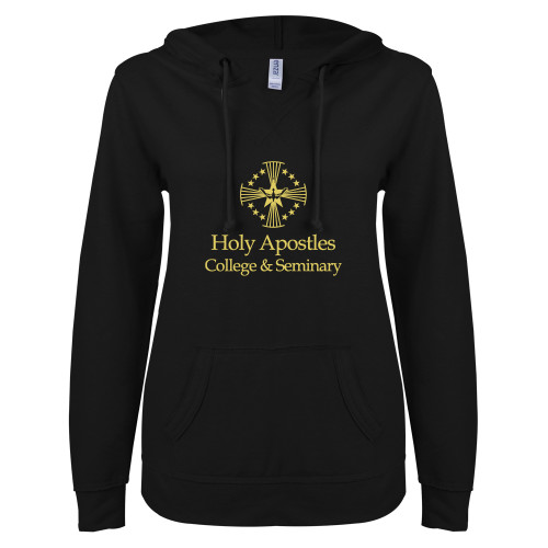  ENZA Womens Black V Notch Raw Edge Fleece Hoodie - Core Logo Stacked
