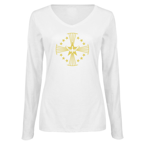  Womens White Long Sleeve V Neck Tee - Core Logo