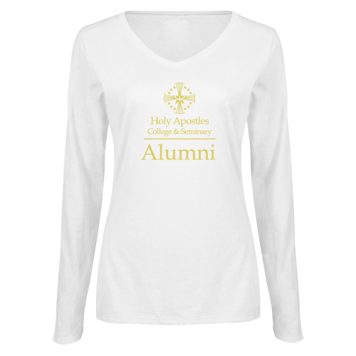  Womens White Long Sleeve V Neck Tee - Alumni Stacked