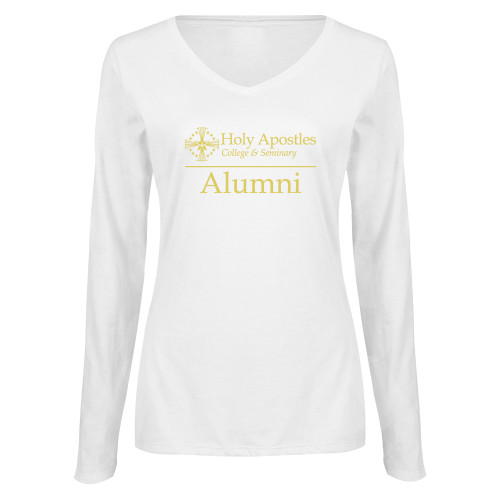  Womens White Long Sleeve V Neck Tee - Alumni Horizontal