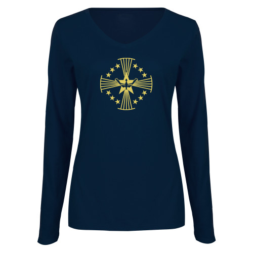  Womens Navy Long Sleeve V Neck Tee - Core Logo