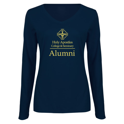  Womens Navy Long Sleeve V Neck Tee - Alumni Stacked