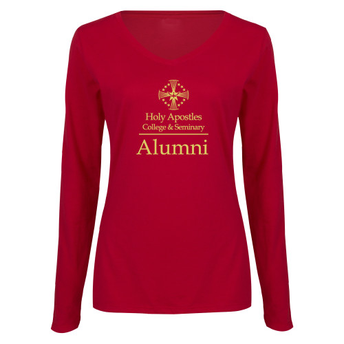 Womens Cardinal Long Sleeve V Neck Tee  - Alumni Stacked