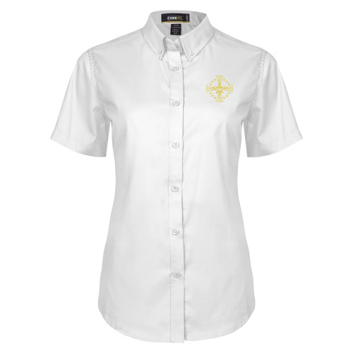  Womens White Twill Button Up Short Sleeve - Core Logo