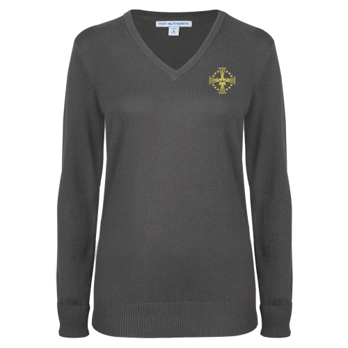  Womens Charcoal Heather VNeck Sweater - Core Logo