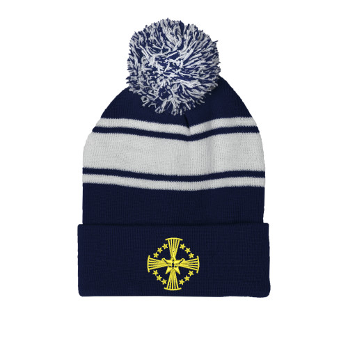  Navy/White Two Tone Knit Pom Beanie w/Cuff - Core Logo