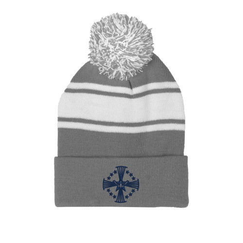  Grey/White Two Tone Knit Pom Beanie w/Cuff - Core Logo