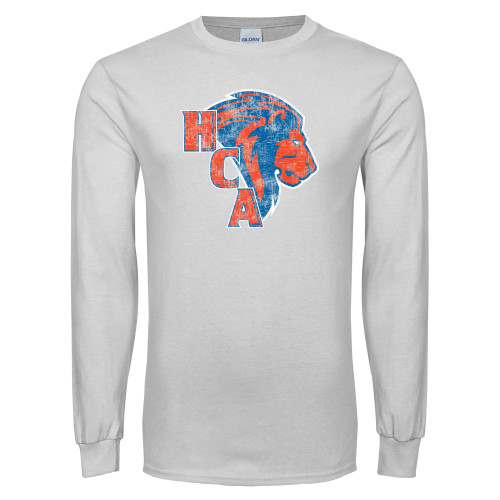  White Long Sleeve T Shirt - HCA Lion 3 Color Distressed