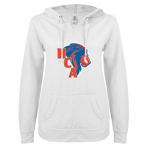  ENZA Womens White V Notch Raw Edge Fleece Hoodie - HCA Lion