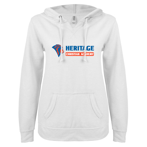  ENZA Womens White V Notch Raw Edge Fleece Hoodie - HCS Horizontal