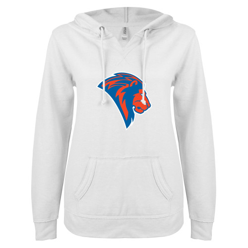  ENZA Womens White V Notch Raw Edge Fleece Hoodie - Lion Head