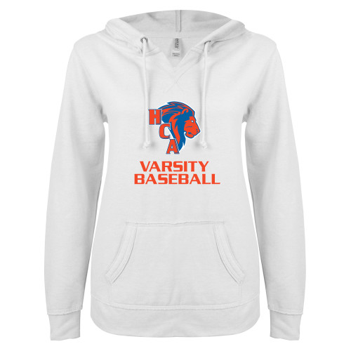  ENZA Womens White V Notch Raw Edge Fleece Hoodie - Varsity Baseball
