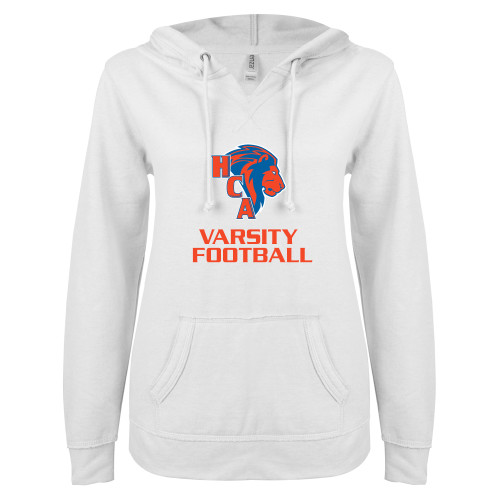  ENZA Womens White V Notch Raw Edge Fleece Hoodie - Varsity Football