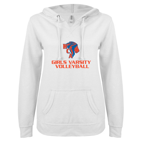  ENZA Womens White V Notch Raw Edge Fleece Hoodie - Girls Varsity Volleyball