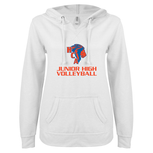 ENZA Womens White V Notch Raw Edge Fleece Hoodie - Junior High Volleyball