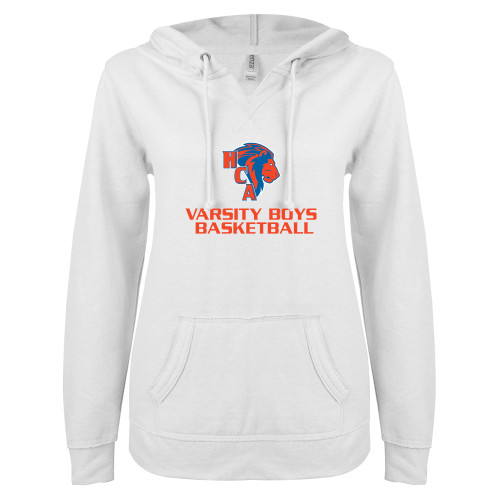  ENZA Womens White V Notch Raw Edge Fleece Hoodie - Varsity Boys Basketball
