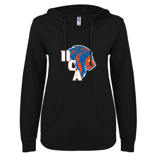  ENZA Womens Black V Notch Raw Edge Fleece Hoodie - HCA Lion