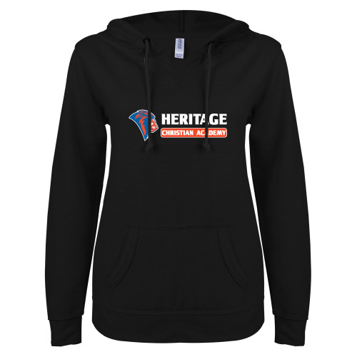  ENZA Womens Black V Notch Raw Edge Fleece Hoodie - HCS Horizontal