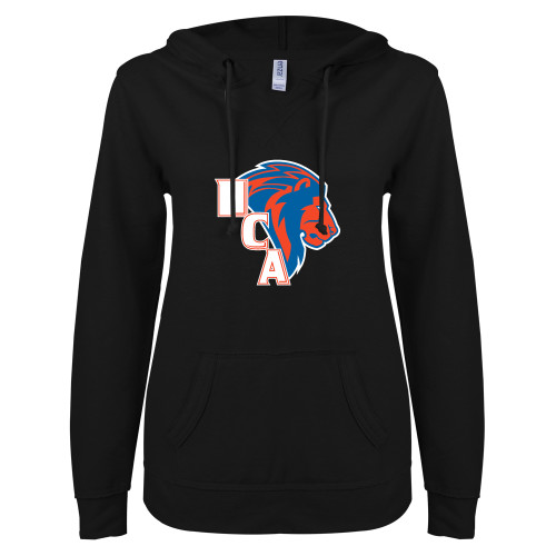  ENZA Womens Black V Notch Raw Edge Fleece Hoodie - HCA Lion 3 Color