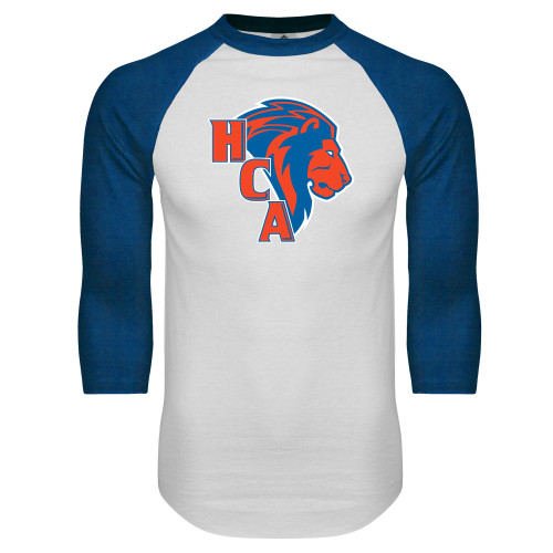  White/Royal Raglan Baseball T Shirt - HCA Lion 3 Color