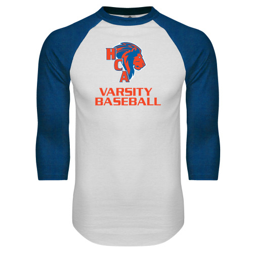  White/Royal Raglan Baseball T Shirt - Varsity Baseball