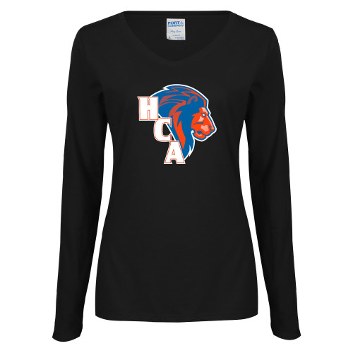  Womens Black Long Sleeve V Neck Tee  - HCA Lion