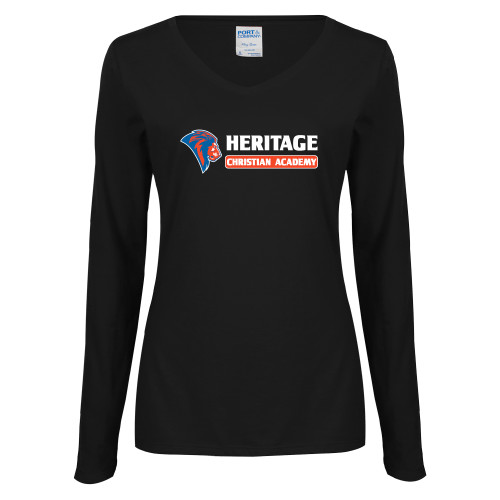  Womens Black Long Sleeve V Neck Tee  - HCS Horizontal
