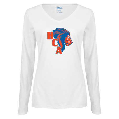  Womens White Long Sleeve V Neck Tee - HCA Lion