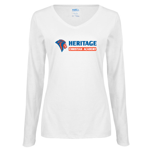  Womens White Long Sleeve V Neck Tee - HCS Horizontal