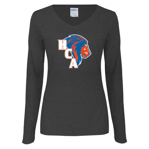  Womens Dark Heather Long Sleeve V Neck Tee  - HCA Lion