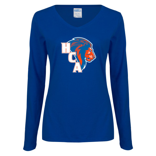  Womens Royal Long Sleeve V Neck Tee  - HCA Lion