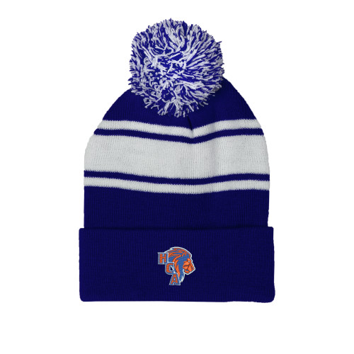  Royal/White Two Tone Knit Pom Beanie w/Cuff - HCA Lion 3 Color