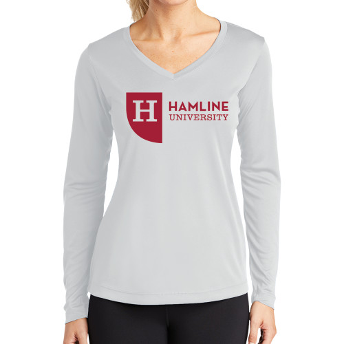  Womens White Performance Long Sleeve V Neck Shirt - Hamline University