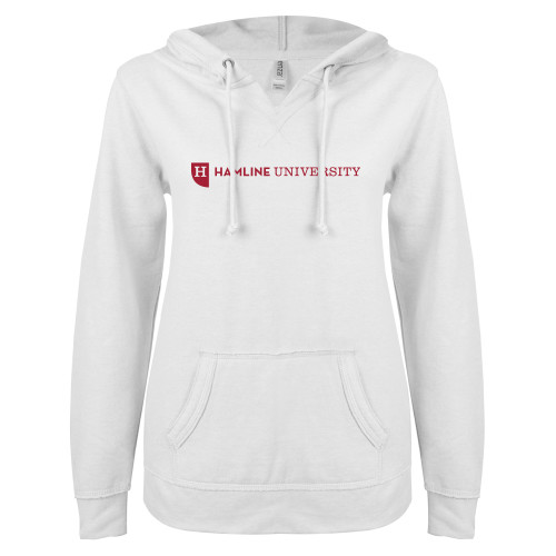  ENZA Womens White V Notch Raw Edge Fleece Hoodie - Hamline Wordmark