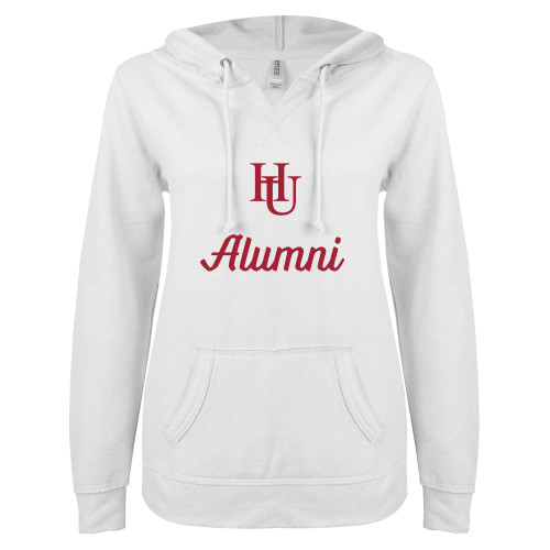  ENZA Womens White V Notch Raw Edge Fleece Hoodie - Alumni