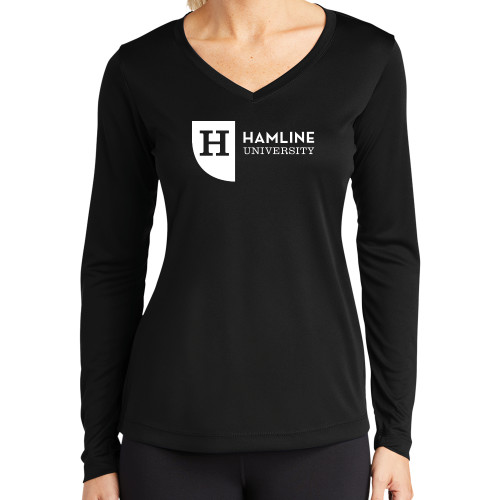  Womens Black Performance Long Sleeve V Neck Shirt - Hamline University