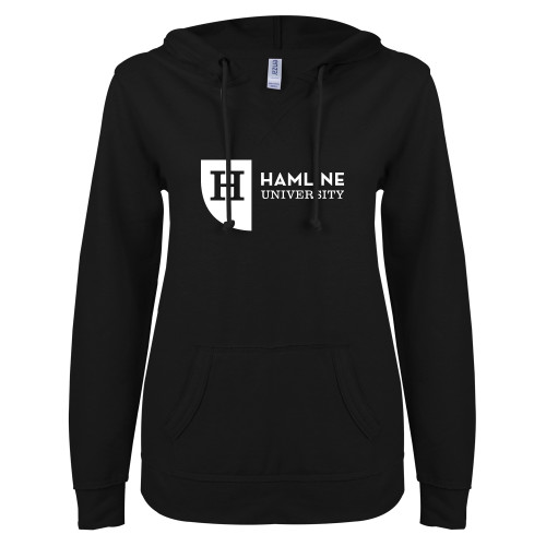  ENZA Womens Black V Notch Raw Edge Fleece Hoodie - Hamline University