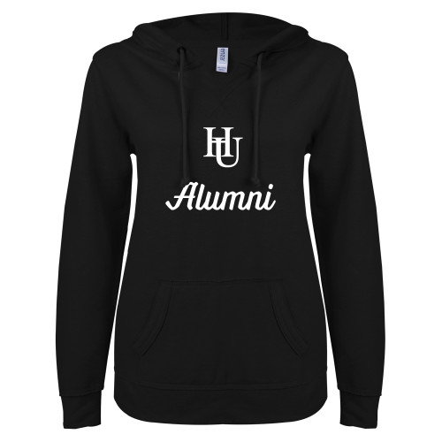  ENZA Womens Black V Notch Raw Edge Fleece Hoodie - Alumni