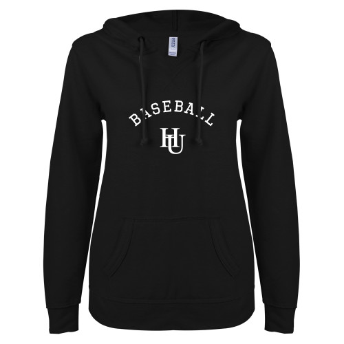  ENZA Womens Black V Notch Raw Edge Fleece Hoodie - Baseball