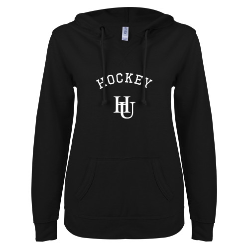  ENZA Womens Black V Notch Raw Edge Fleece Hoodie - Hockey