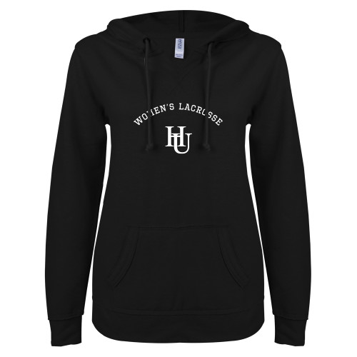  ENZA Womens Black V Notch Raw Edge Fleece Hoodie - Womens Lacrosse